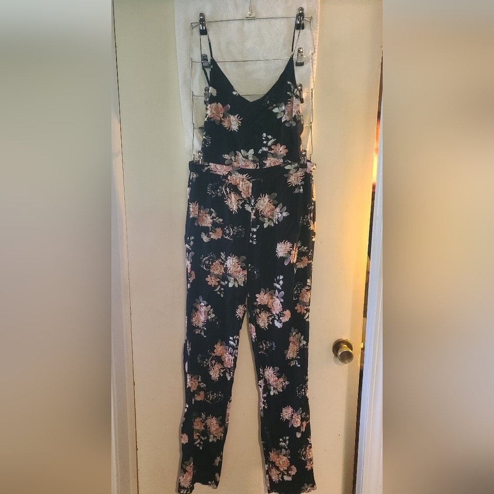 American Eagle Outfitters Black Floral Spaghetti Strap Jumpsuit